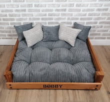 Load image into Gallery viewer, Personalised Rustic Wooden Dog Bed In Grey Jumbo Cord