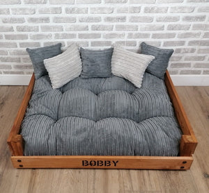 Personalised Rustic Wooden Dog Bed In Grey Jumbo Cord