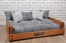 Load image into Gallery viewer, Personalised Rustic Wooden Dog Bed In Grey Jumbo Cord