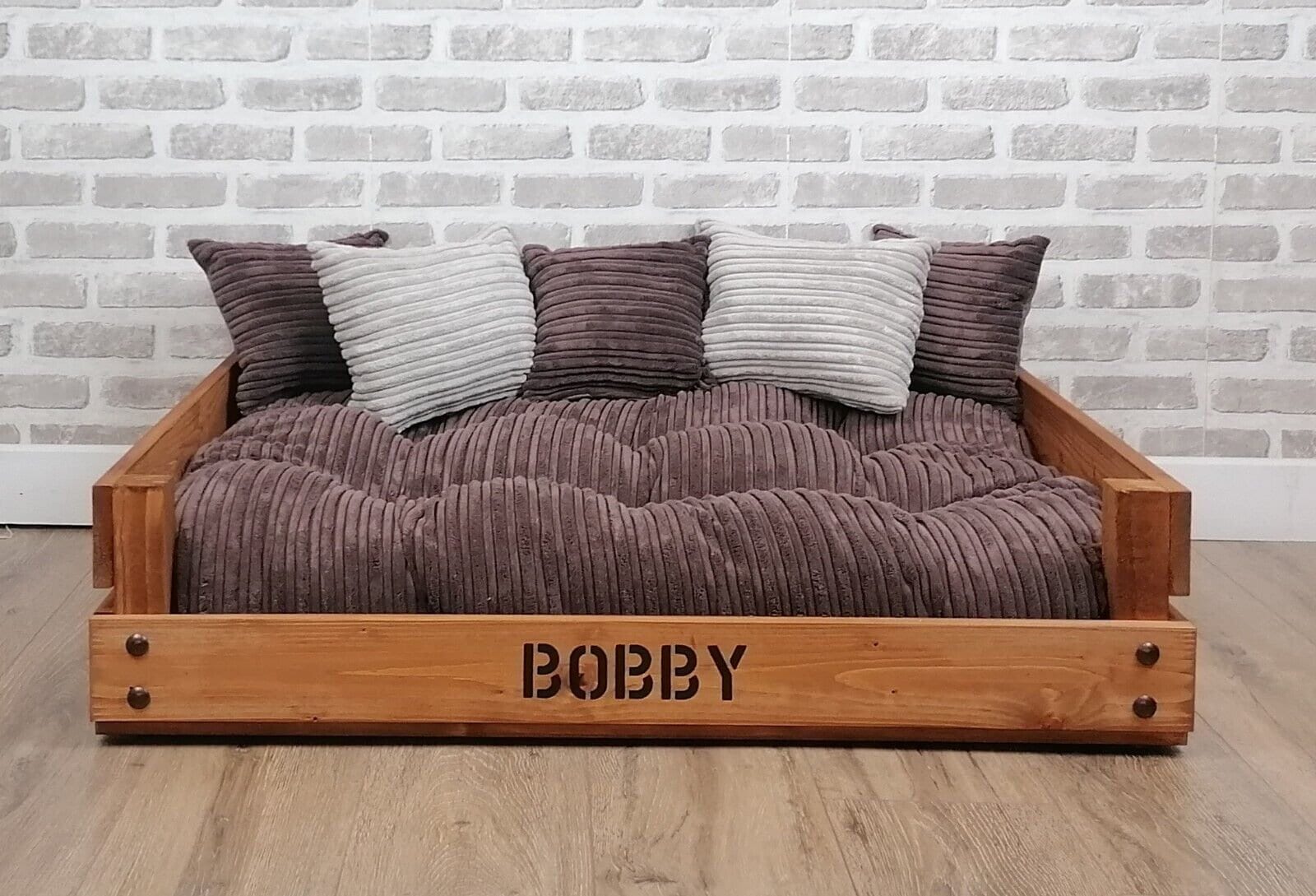 Personalised Rustic Wooden Dog Bed In Chocolate Brown Jumbo Cord Fluffsters