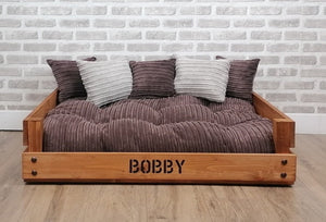 Personalised Rustic Wooden Dog Bed In Chocolate Brown Jumbo Cord