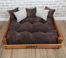 Load image into Gallery viewer, Personalised Rustic Wooden Dog Bed In Chocolate Brown Jumbo Cord