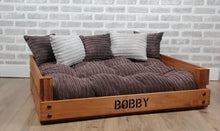 Load image into Gallery viewer, Personalised Rustic Wooden Dog Bed In Chocolate Brown Jumbo Cord