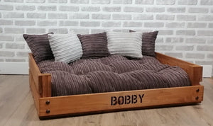 Personalised Rustic Wooden Dog Bed In Chocolate Brown Jumbo Cord