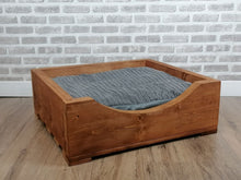 Load image into Gallery viewer, S/M Solid wooden pet bed in medium Oak Wood Stain With Grey Cord Panelled Cushion