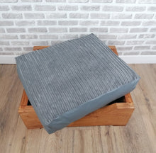 Load image into Gallery viewer, S/M Solid wooden pet bed in medium Oak Wood Stain With Grey Cord Panelled Cushion