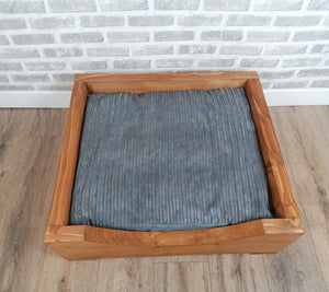 S/M Solid wooden pet bed in medium Oak Wood Stain With Grey Cord Panelled Cushion