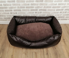 Load image into Gallery viewer, Brown Faux Leather Dog Bed With Zipped Cord Inner Cushion