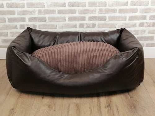 Brown Faux Leather Dog Bed With Zipped Cord Inner Cushion