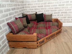 Personalised Rustic Wooden Corner Dog Bed In Red Check Wool Feel Fabric