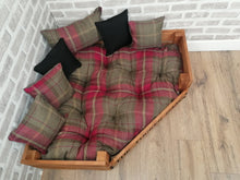 Load image into Gallery viewer, Personalised Rustic Wooden Corner Dog Bed In Red Check Wool Feel Fabric