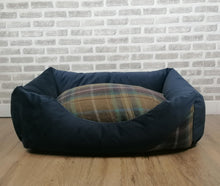 Load image into Gallery viewer, Blue Velour Dog Bed In Multi Check Wool Feel Fabric- 4 Sizes