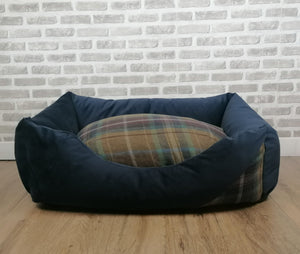 Blue Velour Dog Bed In Multi Check Wool Feel Fabric- 4 Sizes