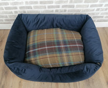 Load image into Gallery viewer, Blue Velour Dog Bed In Multi Check Wool Feel Fabric- 4 Sizes