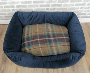 Blue Velour Dog Bed In Multi Check Wool Feel Fabric- 4 Sizes