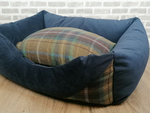 Load image into Gallery viewer, Blue Velour Dog Bed In Multi Check Wool Feel Fabric- 4 Sizes