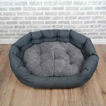 Load image into Gallery viewer, Grey Jumbo Cord Dog / Cat Bed With Button Style Stitch