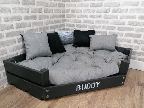 Personalised Slate Black Corner Wooden Dog Bed In Grey/Silver/Black Fabric