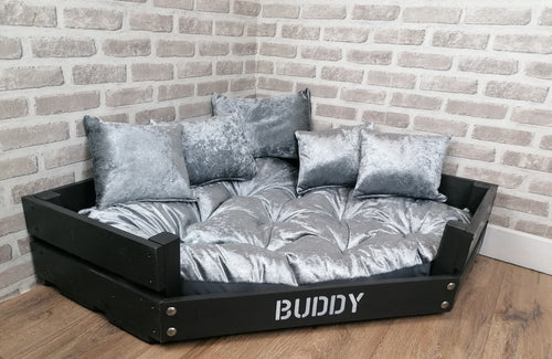 Personalised Slate Black Corner Wooden Dog Bed In Grey Crushed Velvet