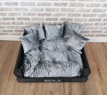 Load image into Gallery viewer, Personalised Slate Black Wooden Dog Bed In Grey Crushed Velvet
