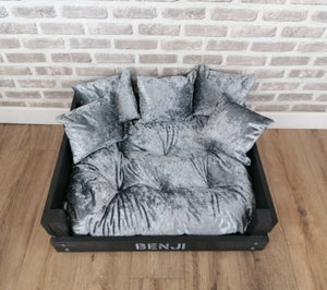 Personalised Slate Black Wooden Dog Bed In Grey Crushed Velvet