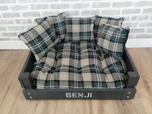 Load image into Gallery viewer, Personalised Slate Black Wooden Dog Bed In Black Check Fabric
