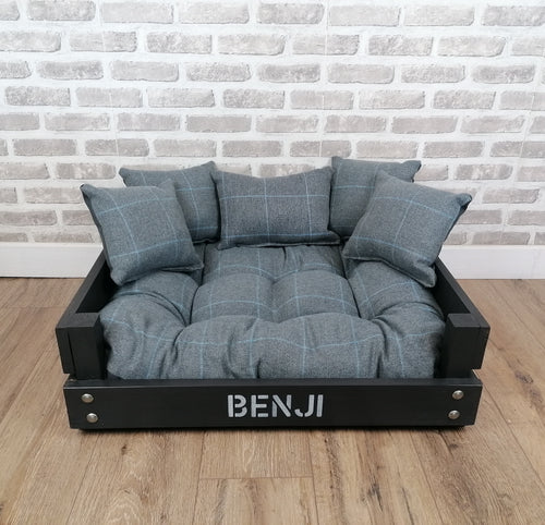 Personalised Slate Black Wooden Dog Bed In Grey Check Fabric