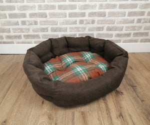 Brown Check Dog / Cat Bed With Button Style Stitch