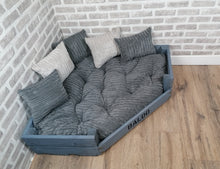 Load image into Gallery viewer, Personalised Grey Corner Wooden Dog Bed In Grey Jumbo Cord With Matching Cushions