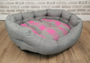 Grey/Pink Check Dog / Cat Bed With Button Style Stitch