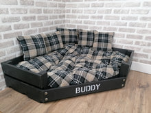 Load image into Gallery viewer, Personalised Slate Black Corner Wooden Dog Bed In Black/ Grey Check Fabric