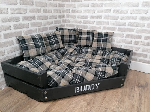Personalised Slate Black Corner Wooden Dog Bed In Black/ Grey Check Fabric