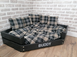 Personalised Slate Black Corner Wooden Dog Bed In Black/ Grey Check Fabric
