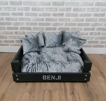 Load image into Gallery viewer, Personalised Slate Black Wooden Dog Bed In Grey Crushed Velvet