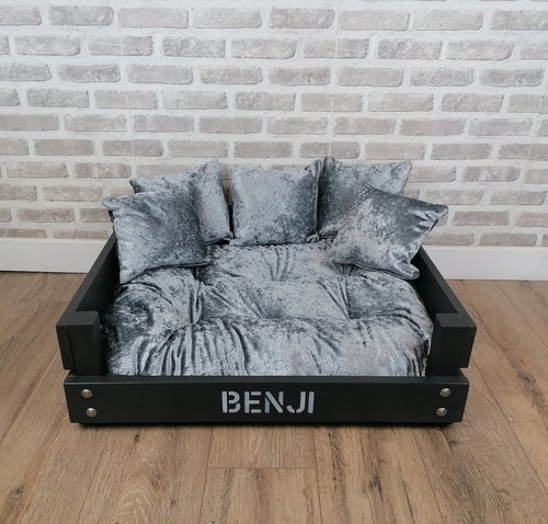 Personalised Slate Black Wooden Dog Bed In Grey Crushed Velvet