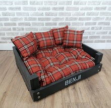 Load image into Gallery viewer, Personalised Slate Black Wooden Dog Bed In Orange Check Fabric