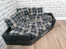 Load image into Gallery viewer, Personalised Slate Black Corner Wooden Dog Bed In Black/ Grey Check Fabric