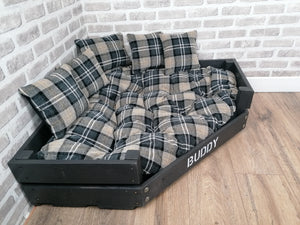 Personalised Slate Black Corner Wooden Dog Bed In Black/ Grey Check Fabric