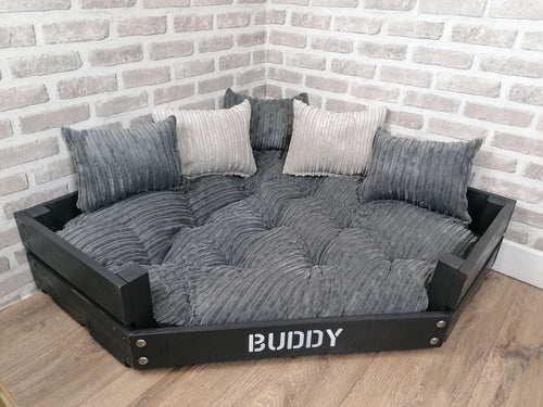 Personalised Slate Black Corner Wooden Dog Bed In Grey Jumbo Cord