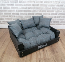 Load image into Gallery viewer, Personalised Slate Black Wooden Dog Bed In Grey Check Fabric