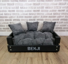 Load image into Gallery viewer, Personalised Slate Black Wooden Dog Bed In Grey Cord Fabric