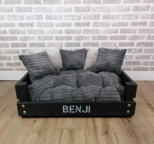 Personalised Slate Black Wooden Dog Bed In Grey Cord Fabric