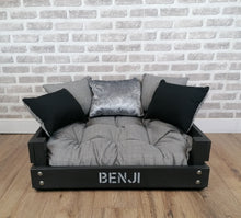 Load image into Gallery viewer, Personalised Slate Black Wooden Dog Bed In Grey/Black/Silver Fabric