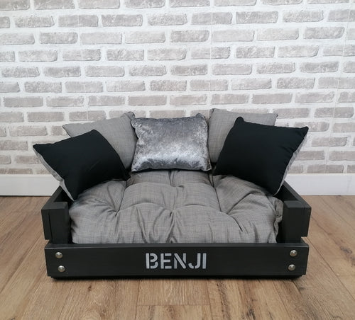 Personalised Slate Black Wooden Dog Bed In Grey/Black/Silver Fabric