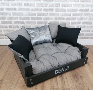 Personalised Slate Black Wooden Dog Bed In Grey/Black/Silver Fabric