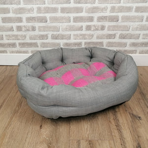 Grey/Pink Check Dog / Cat Bed With Button Style Stitch