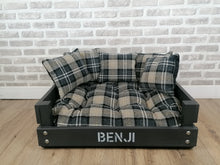 Load image into Gallery viewer, Personalised Slate Black Wooden Dog Bed In Black Check Fabric
