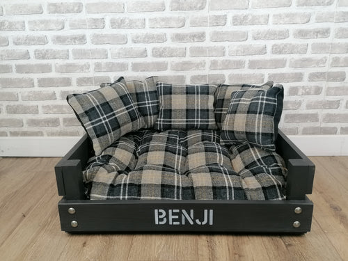 Personalised Slate Black Wooden Dog Bed In Black Check Fabric