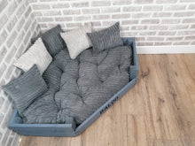 Load image into Gallery viewer, Personalised Grey Corner Wooden Dog Bed In Grey Jumbo Cord With Matching Cushions