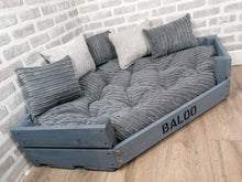 Load image into Gallery viewer, Personalised Grey Corner Wooden Dog Bed In Grey Jumbo Cord With Matching Cushions